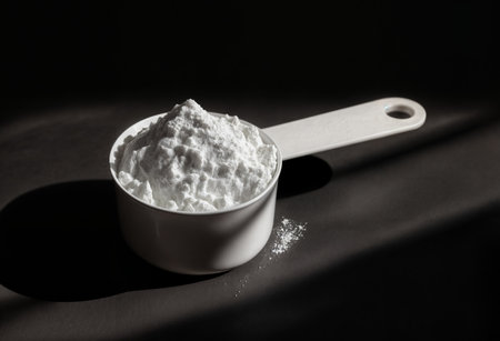 High-contrast image of a white measuring scoop filled with sports supplement powder, ideal for commercial fitness and nutrition brandingの素材