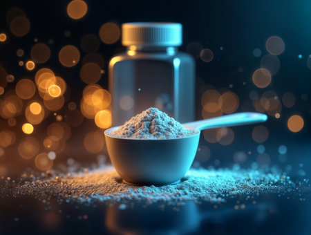 Premium creatine and sports supplement powder with scoop and bottle, vibrant lighting, ideal for commercial fitness and nutrition advertisingの素材