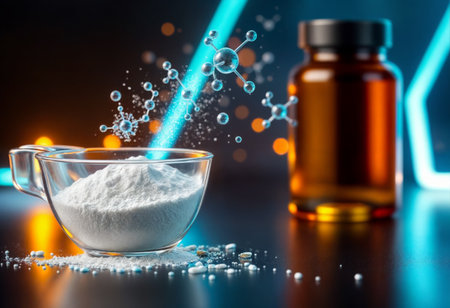 Dynamic image of creatine, BCAA, and HMB supplements with modern neon accents, ideal for commercial use in sports nutrition and fitness advertisingの素材