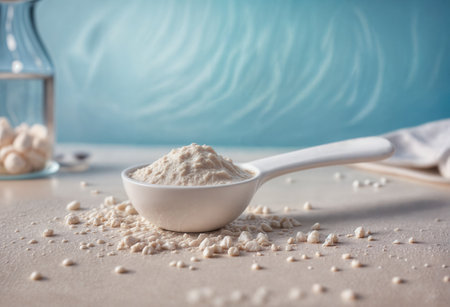 Clean, modern image of creatine or sports supplement powder in a scoop, ideal for commercial use in fitness, nutrition, and wellness brandingの素材