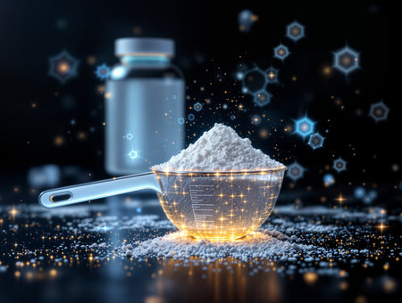 Creative sports supplement concept with glowing creatine powder in a scoop, ideal for commercial fitness, nutrition, and health product promotionsの素材