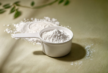 Clean, modern image of sports supplement powder in a scoop, ideal for commercial use in fitness, nutrition, and health product marketingの素材