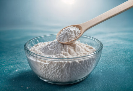 High-quality creatine or BCAA powder supplement in a glass bowl with wooden spoon, ideal for commercial fitness, nutrition, and wellness advertisingの素材