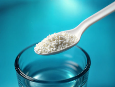 Clean, modern image of a white sports supplement powder in a spoon over a glass of water, perfect for commercial and advertising use in fitness and nutrition marketsの素材