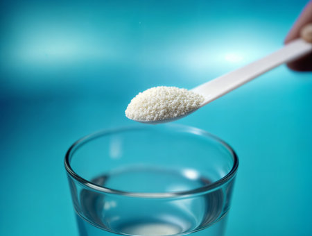 High-quality image of creatine powder supplement being added to water, ideal for commercial use in fitness, nutrition, and health product advertisingの素材