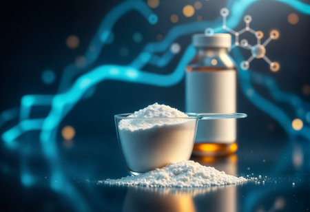 Premium sports supplement concept featuring creatine, BCAA, and HMB powder with a modern scientific background, ideal for commercial and advertising useの素材