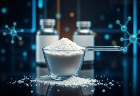 Premium creatine and BCAA supplement powder with bottles in a modern, scientific setting, perfect for commercial fitness and nutrition marketingの素材