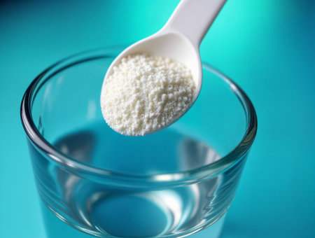 High-quality creatine or BCAA supplement powder in a glass of water on a vibrant blue background, perfect for commercial and advertising use in sports nutritionの素材