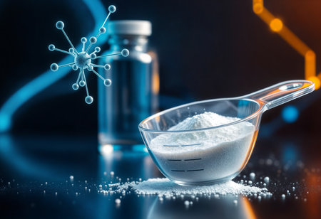 Modern sport supplement concept featuring creatine powder, molecular graphics, and vibrant lighting, ideal for commercial health and fitness marketingの素材