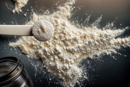 High-impact image of creatine or sports supplement powder with scoop, ideal for commercial use in fitness, nutrition, and supplement marketing campaignsの素材