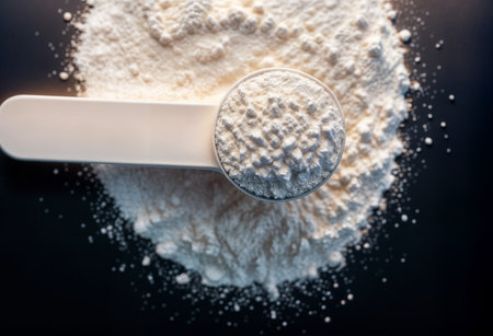 High-contrast image of white sports supplement powder with scoop on black background, ideal for commercial fitness and nutrition marketing campaignsの素材
