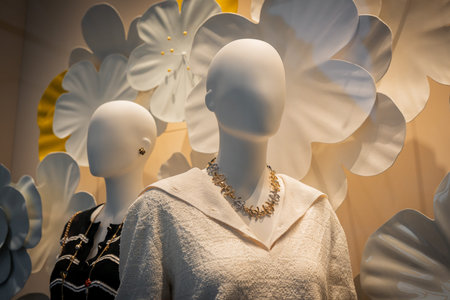 Milan, Italy - 2026, 3 Feb: Chic Chanel FW25 store window with elegant mannequins, textured fabrics,...