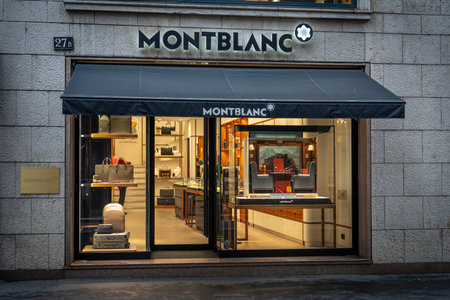 Milan, Italy - 2026, 3 Feb: Montblanc FW25 boutique with elegant window display, luxury accessories,...