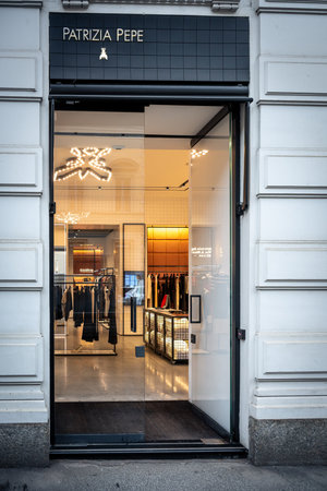 Milan, Italy - 2026, 3 Feb: Patrizia Pepe FW25 boutique features a modern, elegant storefront with...