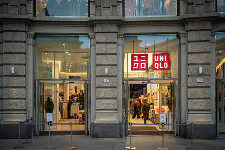 Milan, Italy - 2026, 3 Feb: Uniqlo FW25 storefront in Milan showcases modern fashion, inviting...