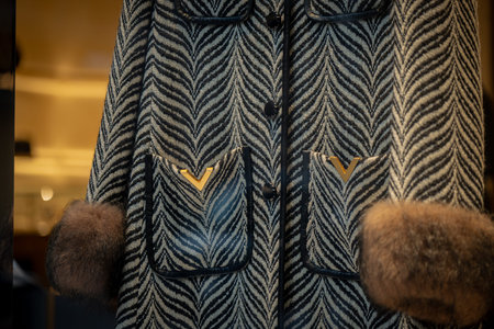 Milan, Italy - 2026, 3 Feb: Valentino FW25 luxury coat with zebra pattern, gold V logo, and fur...