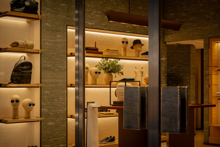 Milan, Italy - 2026, 3 Feb: Zegna FW25 boutique interior with illuminated shelves, luxury accessories, and modern Italian design, highlighting exclusive fashion sophisticationのeditorial素材