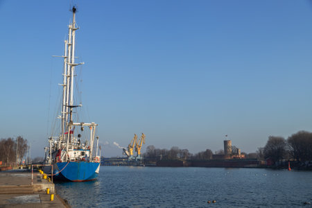 Sailing yacht moored in front of the WisÅoujÅcie Fortress in GdaÅskの写真素材