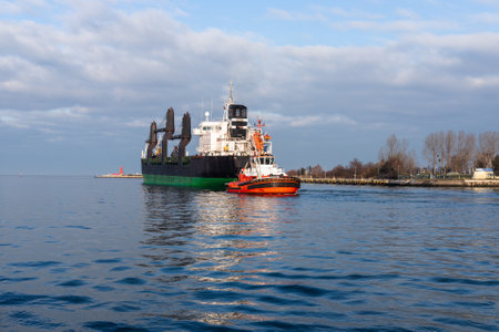 A ship leaving the port of Gdanskの写真素材