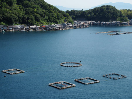 Spectacular view of Sea of Japan coast olf fishing village of Ine in Kyoto prefecture in Japan with...