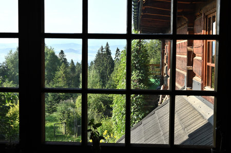 Beautiful view on green trees forest, blue sky and mountains through a wooden window frame of an old...