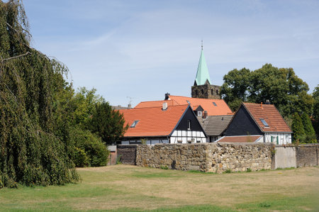Panorama of picturesque half-timbered decorative houses and buildings in Westerholt village in Herten, North Rhine-Westphalia, Ruhr Area, Germany (Old Village Westerholt, Alte Freiheit Westerholt)のeditorial素材