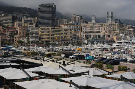 Panorama of Monte Carlo in Monaco with Mediterranean Sea harbor in summer on a sunny and cloudy day