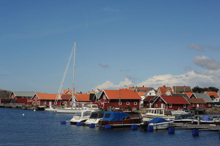 Scenic panorama of a waterfront with boats, yachts and houses in Kungshamn (SotenÃ¤s, VÃ¤stra...