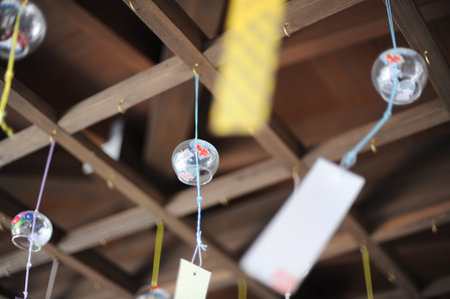 Colorful glass wind chimes (glass bells) hanging from the ceiling to chill hot temperature in summer...