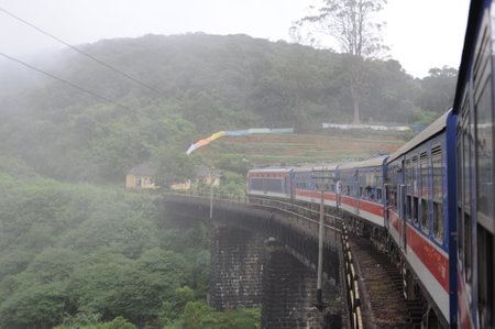 Passenger train with diesel locomotive crossing mountains in the green countryside in the mistの写真素材