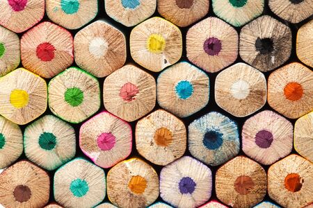 Colored pencils stacked horizontallyの写真素材