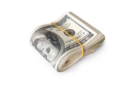 Dollar banknotes rolled into a roll on a white backgroundの写真素材