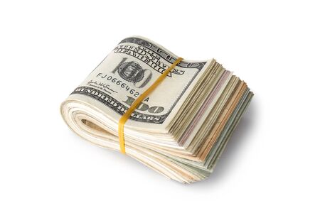 Dollar banknotes rolled into a roll on a white backgroundの写真素材