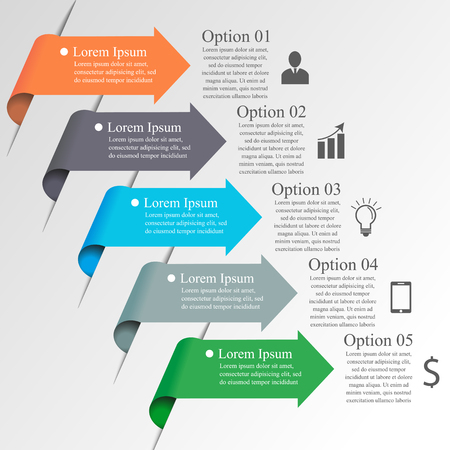 Infographics arrow template. Can be used for workflow layout, banner, diagram, number options, step up options, web design, infographics.  Business concept with 5 options, parts, steps or processesのイラスト素材