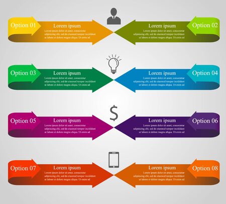 Infographics design arrow template. Business concept with 8 options, parts, steps or processes. Can be used for workflow layout, diagram, number options, web designのイラスト素材