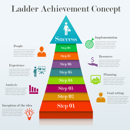 Ladder achievement concept. Infographic template of 8 stages way to success. Concept with 8 options, steps. Can be used for workflow layout, diagram, step up options, web design. Business elementsのイラスト素材