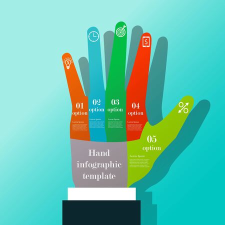 Hand infographic template for your business. Business concept with 5 options or steps for each of finger with icons and text.のイラスト素材