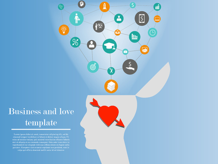 Business and love template. Illustration of business man in love who can not think about career and affairs and lose his professional skills. Concept of one side of connection of love and businessのイラスト素材