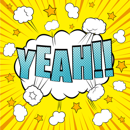 Yeah comic bubble text. Pop art style. The cartoon with stars, sound effects, explosions and radial lines background. Template for web and mobile applicationsのイラスト素材