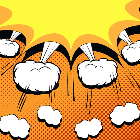Comic book cartoon with explosion. Vector illustration with exploded bubbles, sound effects and halftone background. Pop-art styleのイラスト素材
