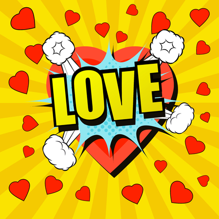 Love comic cartoon text. Pop-art style. The illustration with speech blot, hearts and funny spiral background. Template for web and mobile applicationsのイラスト素材