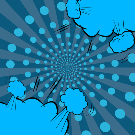 Comic fight template. Cartoon background in blue colors with dotted spiral. Vector illustration of explosive bubbles. Pop-art styleのイラスト素材
