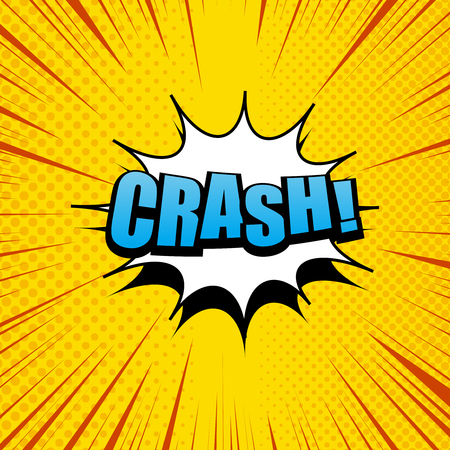 Crash comic cartoon in yellow colors with white cloud, halftone effects and rays. Explosion template. Pop-art style. Vector illustrationのイラスト素材
