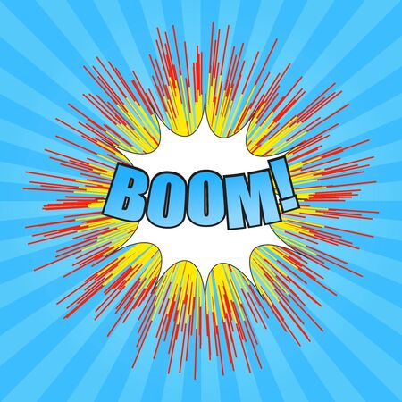Comic boom wording with white cloud, spikes and blue radial background in pop-art style.のイラスト素材