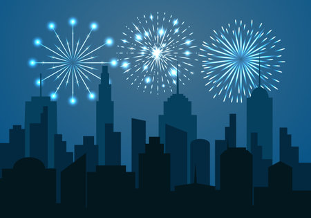 Night cityscape silhouette with festive fireworks. Celebration template in blue colors.のイラスト素材