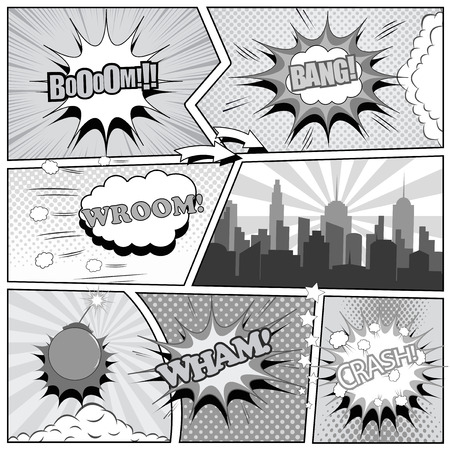Comic book page background in gray colors. Template with speech bubbles, arrow, stars, sound, radial, dotted and halftone effects, cityscape in pop-art styleのイラスト素材