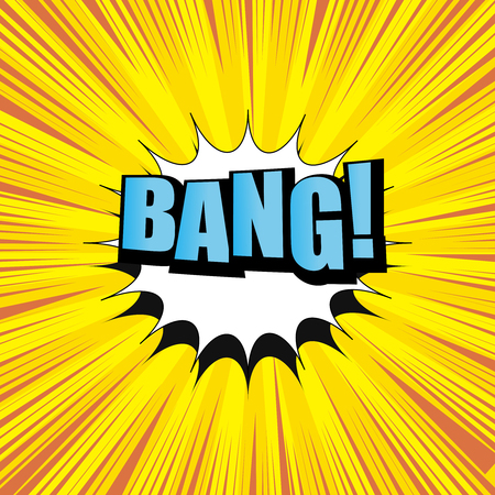 Comic light explosion poster with blue Bang word, white speech bubble and rays on orange radial background. Vector illustrationのイラスト素材