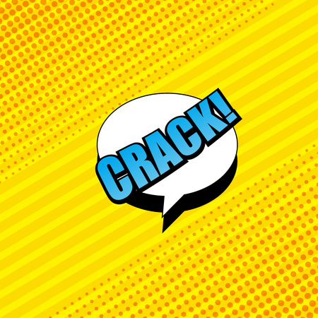 Comic book yellow background with blue Crack inscription, white speech bubble, halftone effects and slanted lines. Vector illustrationのイラスト素材