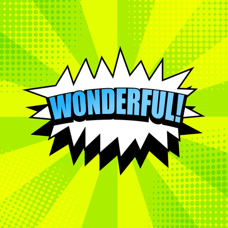 Bright comic template with blue Wonderful inscription white speech bubble halftone on green radial background in pop art style. Vector illustrationのイラスト素材