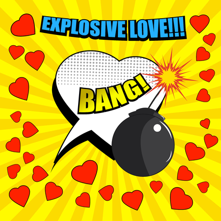 Romantic comic page template with Explosive Love inscription speech bubble red hearts and bomb on yellow radial background. Vector illustrationのイラスト素材